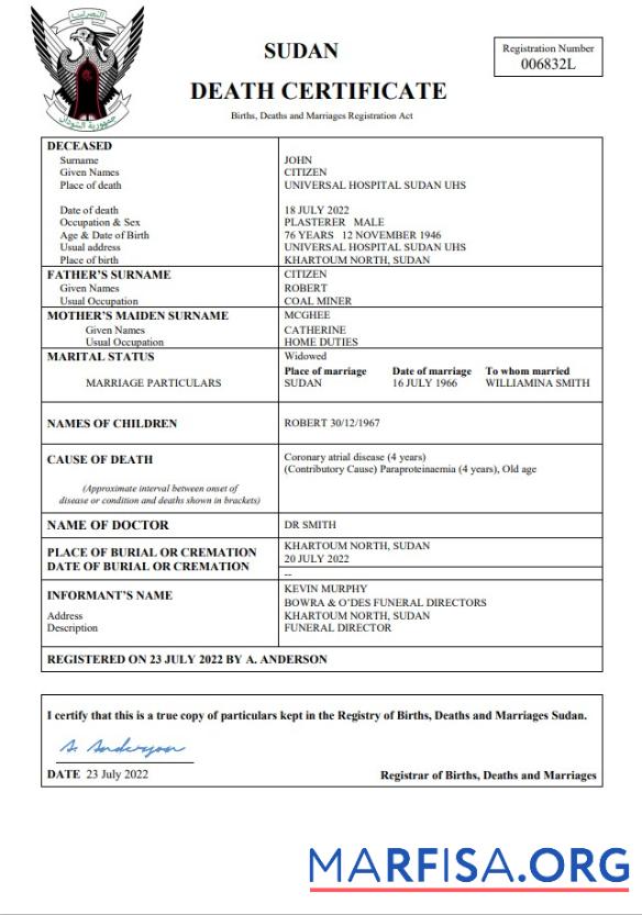 Downloadable Sudan vital record death certificate Word and PDF template